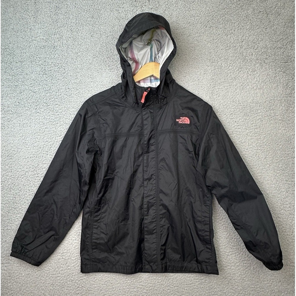 The North Face HyVent Rain Jacket Girls XL 18 Black Coral Pink Hooded Waterproof
